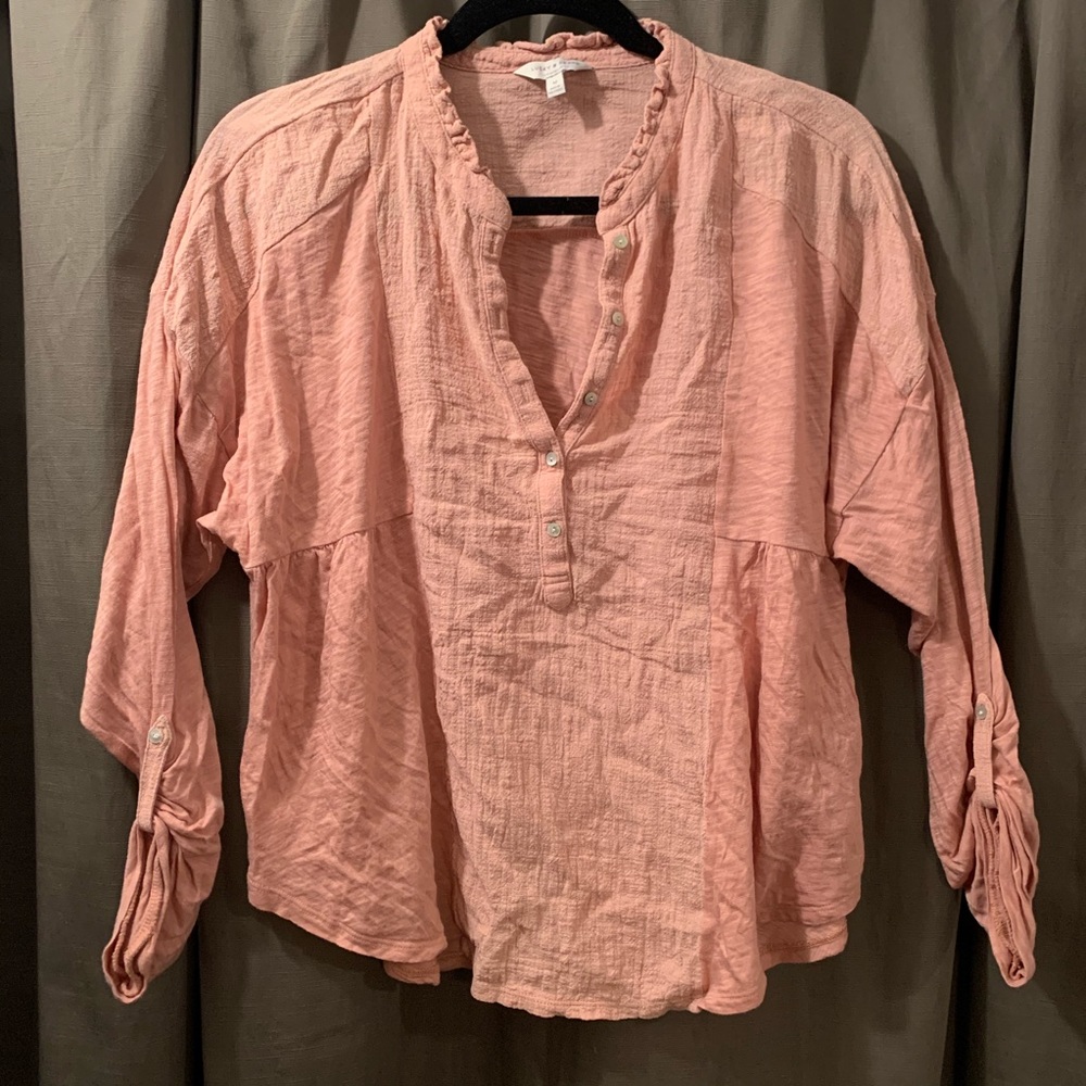 pink button 1/4 button blouse